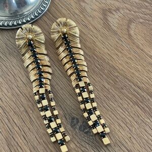 Zara Feather Gold and Black Tassel Drop Earrings